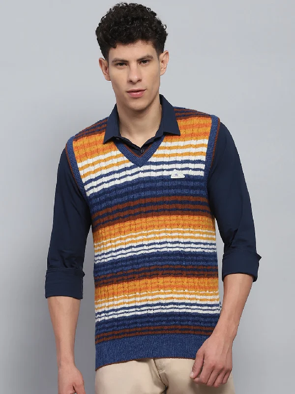 Comfortable Outfits Men Blue & Orange Stripe V Neck Sleeveless Sweater