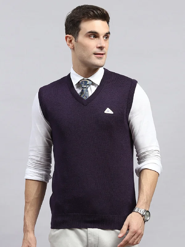 Laid-Back Style Men Purple Solid V Neck Sleeveless Sweater