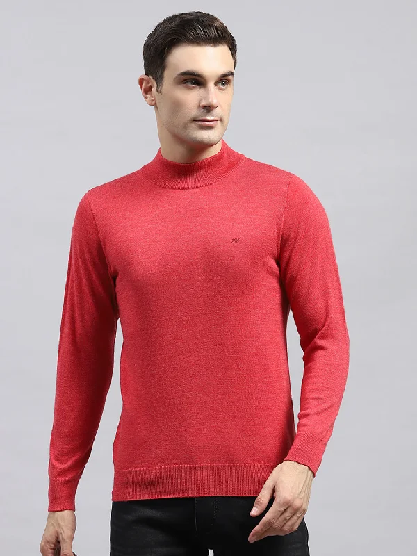 Active Gear Men Red Solid High Neck Full Sleeve Pullover