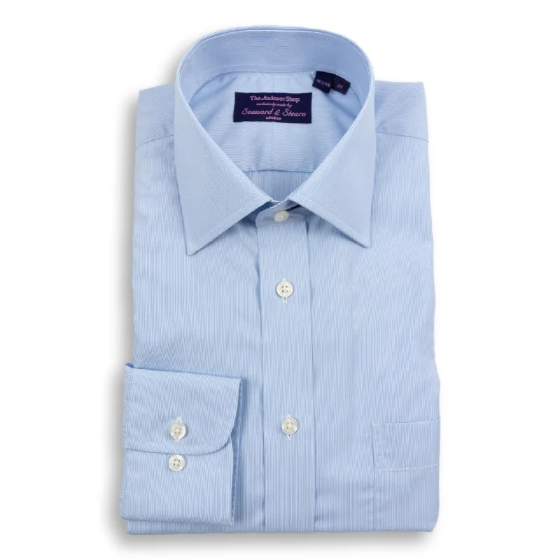 Casual Wear Blue Hairline Stripe Spread Collar Dress Shirt