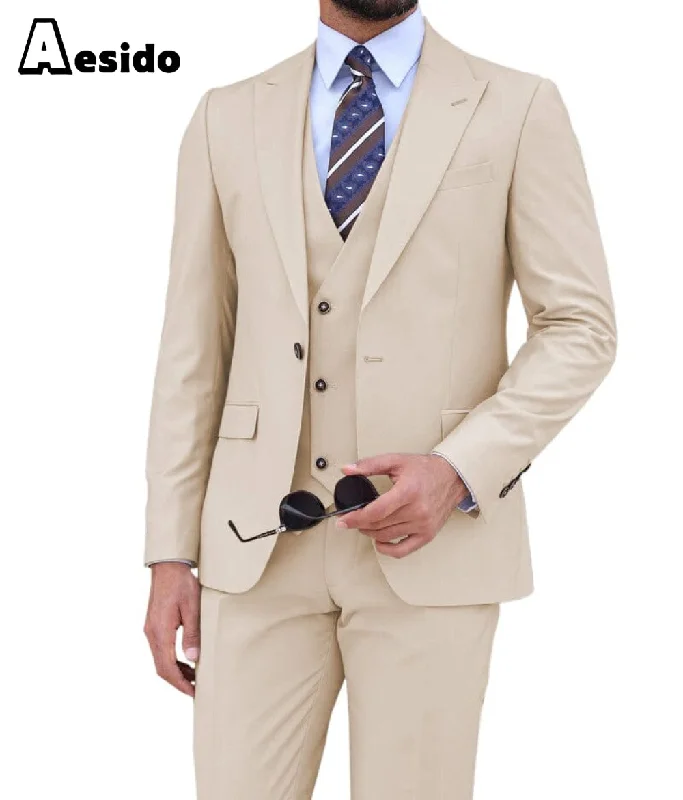 Sports Pants Beige 3 Piece Peak Lapel Men's Suit (Blazer+Vest+Pants)
