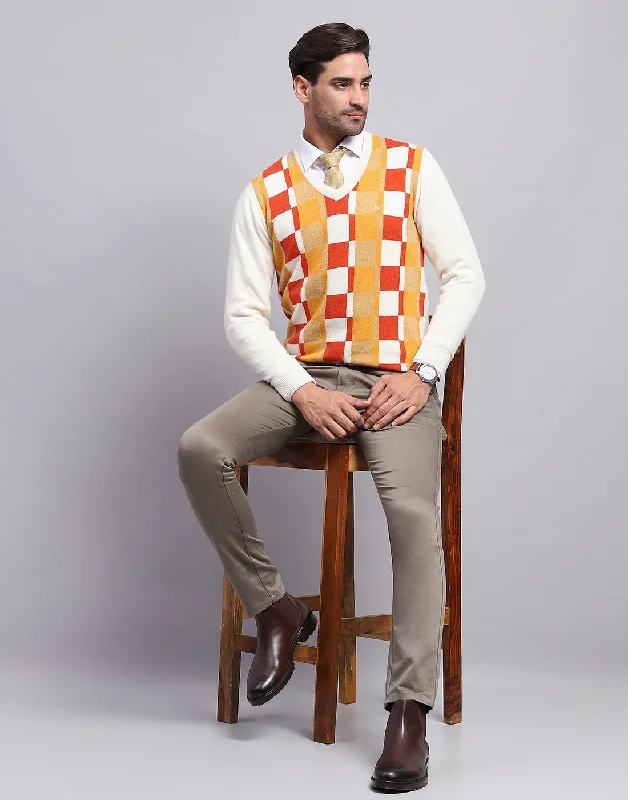Simple Styles Men Off White Self Design V Neck Full Sleeve Pullover