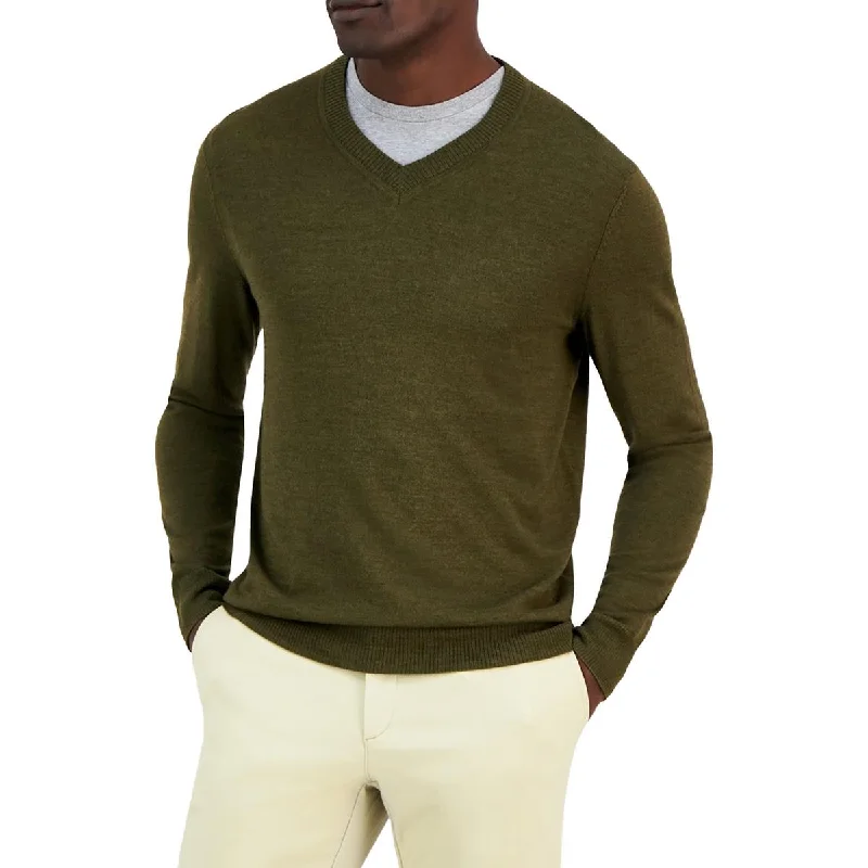 Relaxed Wear Mens Ribbed Trim  Extra Fine Merino Wool V-Neck Sweater