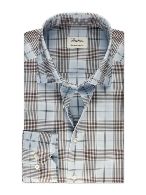 Urban Comfort Fitted Body Blue Checked Twill Shirt 602771 8732 103