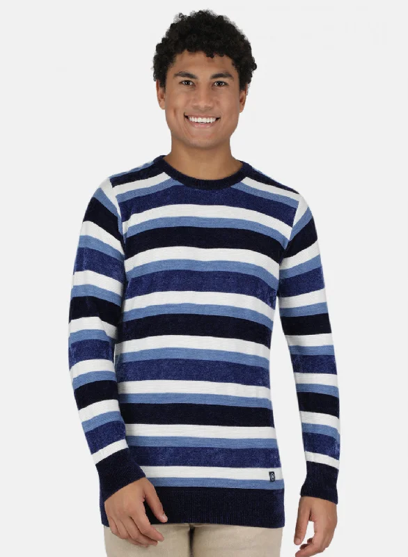 Functional Fashion Men Blue & White Self Design Pullover