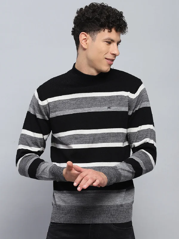 Stylish Comfort Men Grey Stripe Round Neck Full Sleeve Pullover