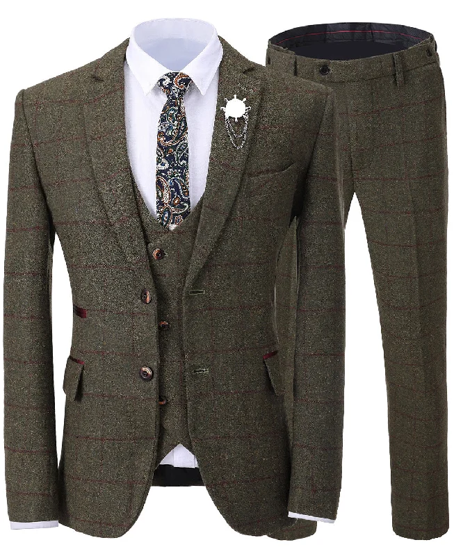Relaxed Fit Formal 3 Pieces Tweed Plaid Notch Lapel Mens Suit (Blazer+Vest+Pants)