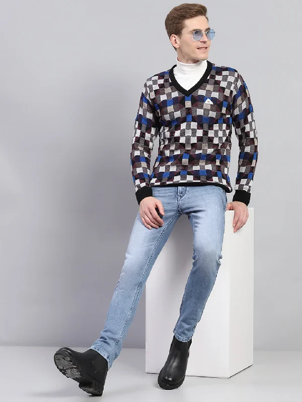 Cool Comfort Men Multicolor Check V Neck Full Sleeve Pullover
