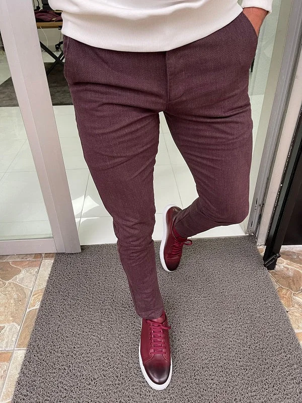 Bastoni Burgundy Slim Fit Cotton Lycra Pants