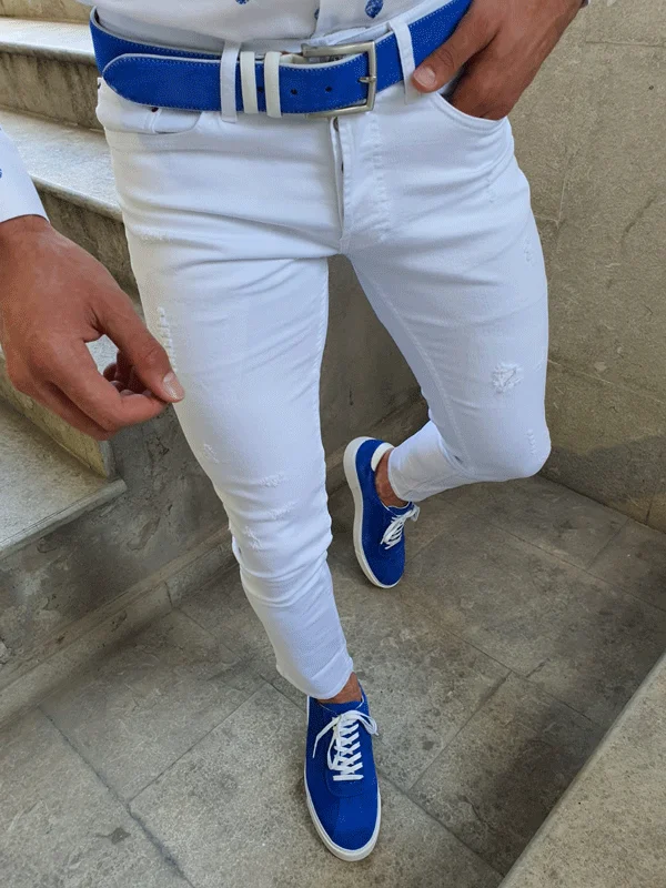 Casual Denim Bellingham White Slim Fit Handmade Ripped Jeans