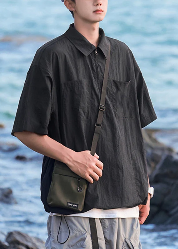 Modern Comfort Black Pockets Cotton Men Polo Shirt Peter Pan Collar Short Sleeve