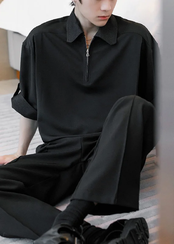 Black Solid Cotton Men Polo Shirt Peter Pan Collar Half Sleeve