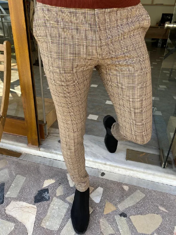 Bojoni Frezo Beige Slim Fit Plaid Pants