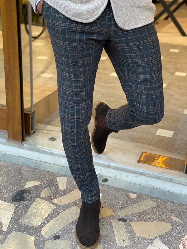 Bojoni Frezo Dark Blue Slim Fit Plaid Wool Pants