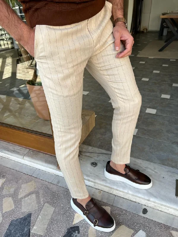 Bojoni Manteno Cream Stripes Slim Fit Pants