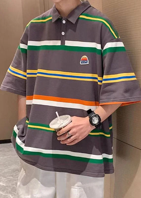 Modern Backpacks Casual Dark Grey Striped Cotton Men Polo T Shirt Summer