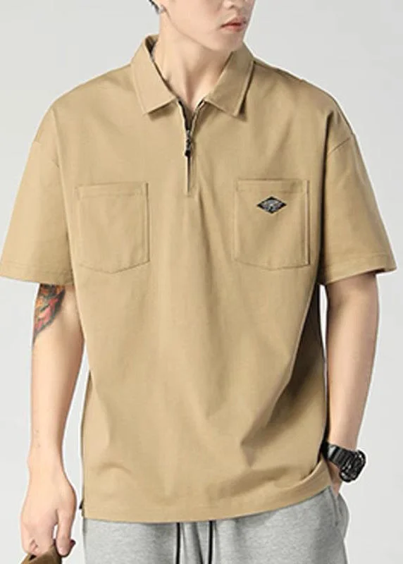 Casual Khaki Zippered Pockets Cotton Mens Polo Shirt Summer