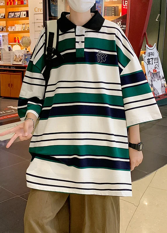 Fashion Basics Chic Green Striped Cotton Polo Shirts Men Apparel Summer