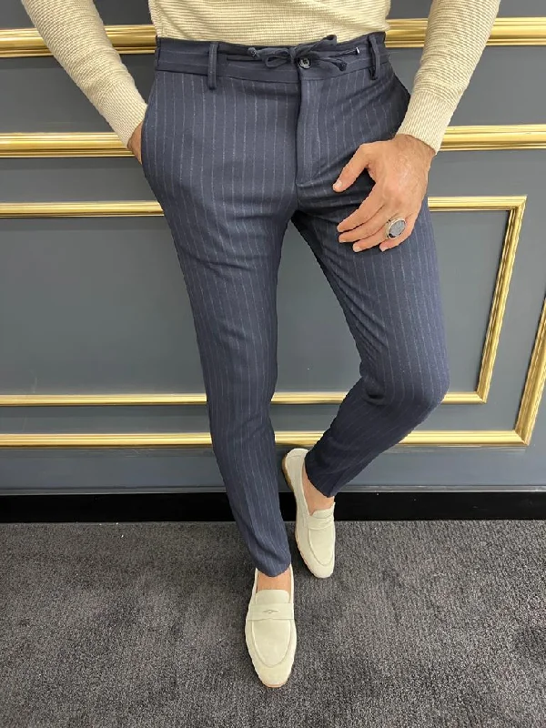 Premium Fabric Thread Slim Fit Rope Detailed Dark Blue Stripe Trousers