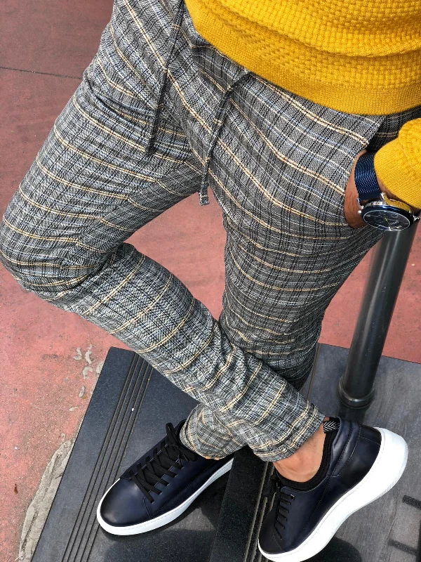 Cris Slim-fit Plaid Pants Grey & Mustard