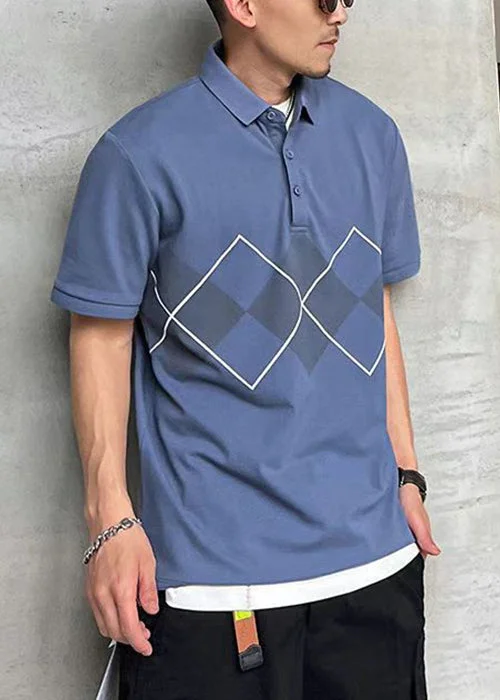 Relaxed Wardrobe Loose Blue Peter Pan Collar Print Cotton Mens Polo Shirts Summer