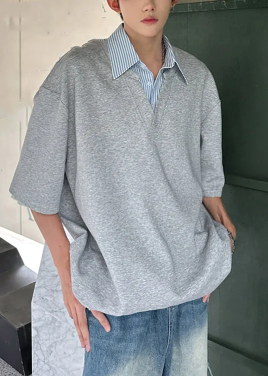 Casual Outfit Loose Grey Button False Two Pieces Cotton Mens Polo Shirts Half Sleeve