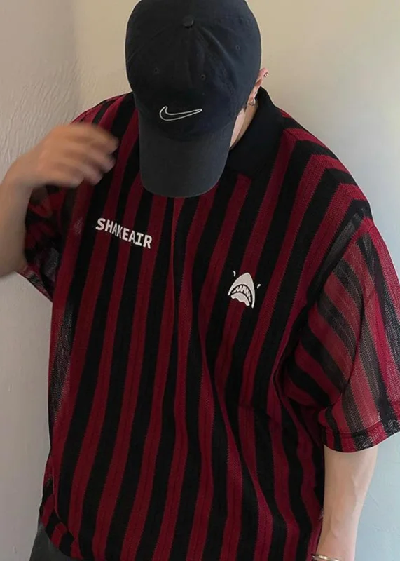 Comfortable Style Loose Red Striped Hollow Out Cotton Polo Shirt Men Summer