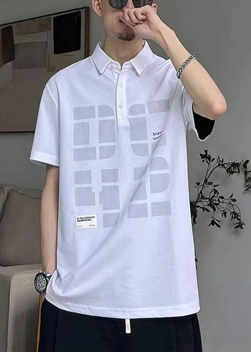 Sporty Chic Loose White Button Print Cotton Men Polo Shirt Summer