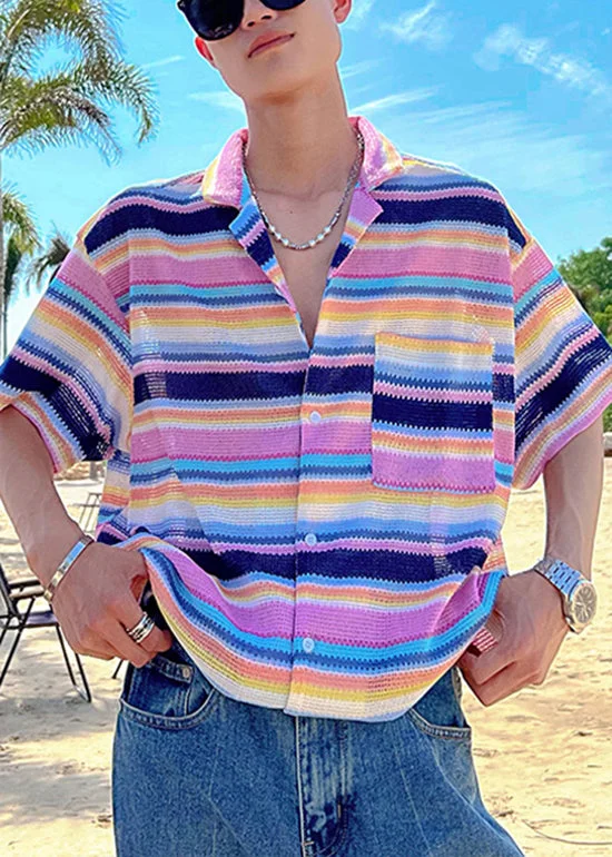 Comfortable Outfits New Colorblock Striped Cotton Mens Polo Shirts Summer