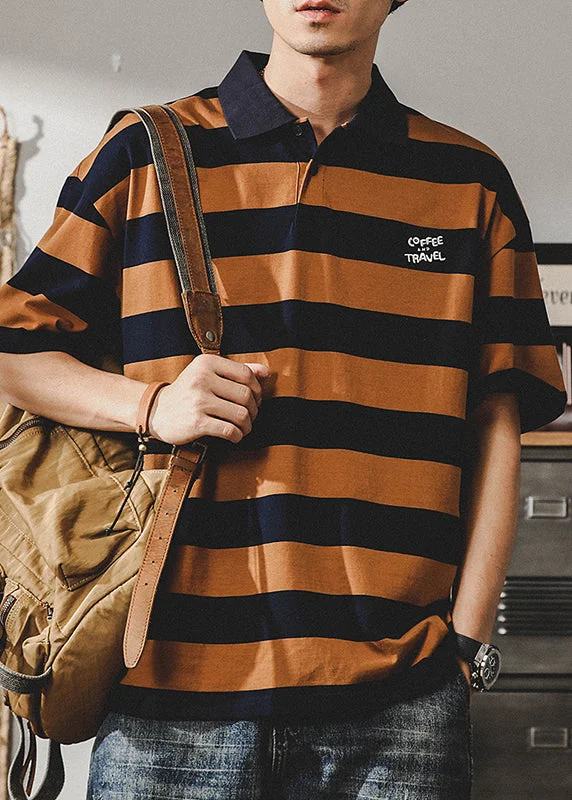 Modern Style New Orange Striped Cotton Men Polo Shirt Summer