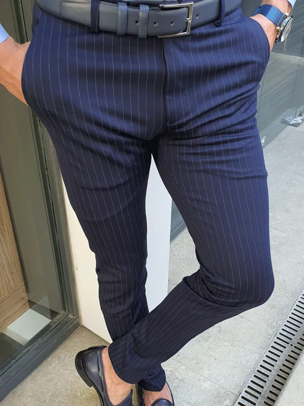 Versatile Outfits Oakland Navy Blue Slim Fit Pinstripe Pants