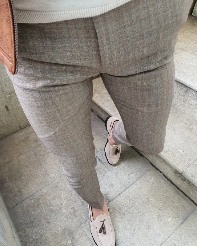 Casual Essentials Paco Beige Slim Fit Plaid Pants