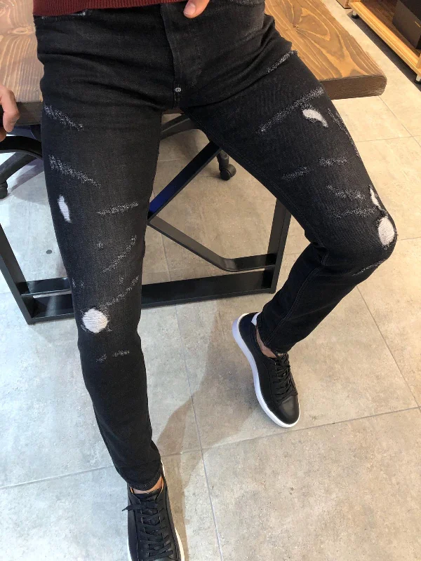 Premium Fabric Paco Slim-Fit Ripped Jeans Black