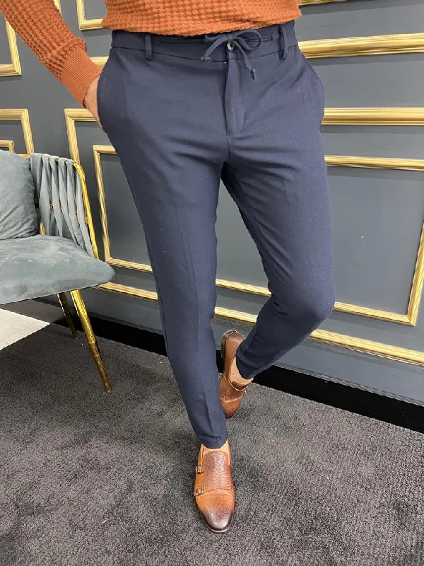 Casual Denim Thread Slim Fit Rope Detailed Dark Blue Trouser