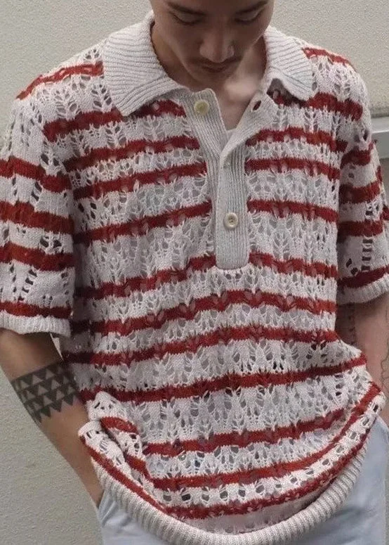 Casual Chic Unique Red Striped Hollow Out Knit Polo Shirts Summer