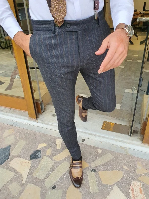 Verno Dark Blue Slim Fit Striped Pants