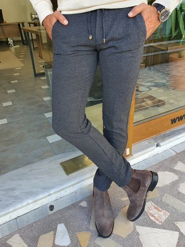 Verno Gray Slim Fit Lace Up Plaid Pants