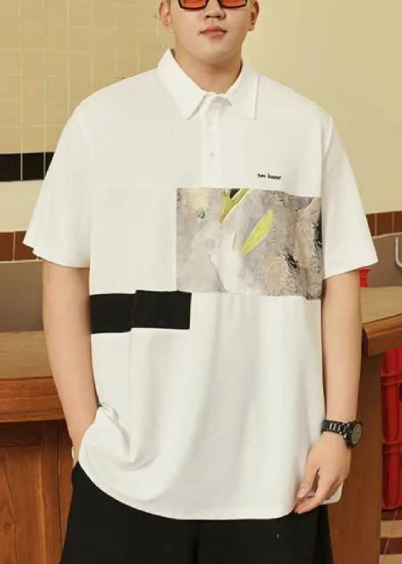 White Button Cotton Men T Shirts Peter Pan Collar Short Sleeve