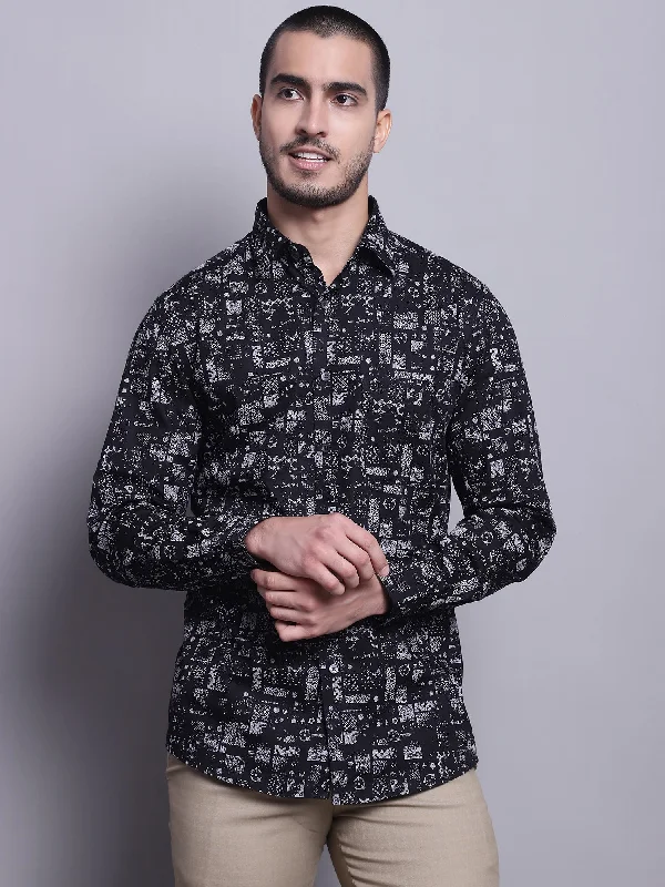 Premium Outfits Men's Black Party Abstract Print Full Sleeve Shirt