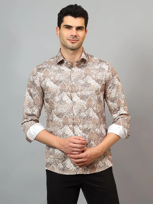 Casual Essentials Men's Brown Party Abstract Print Full Sleeve Shirt
