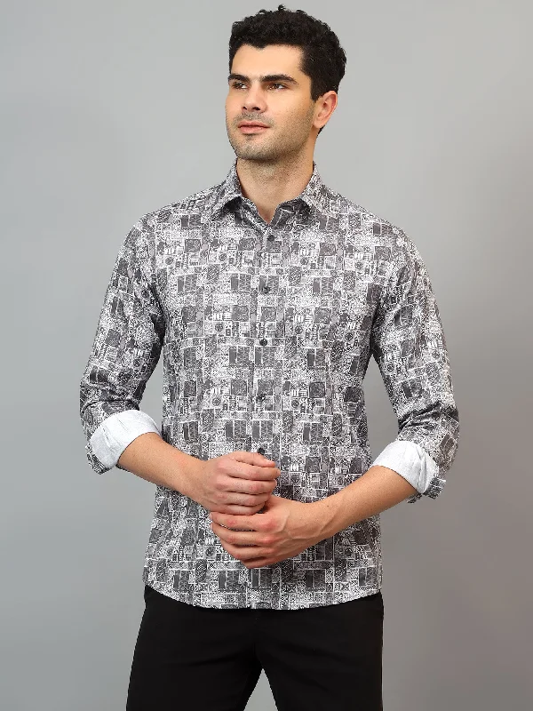 Men's Grey  Party Tile Print Full Sleeve Shirt