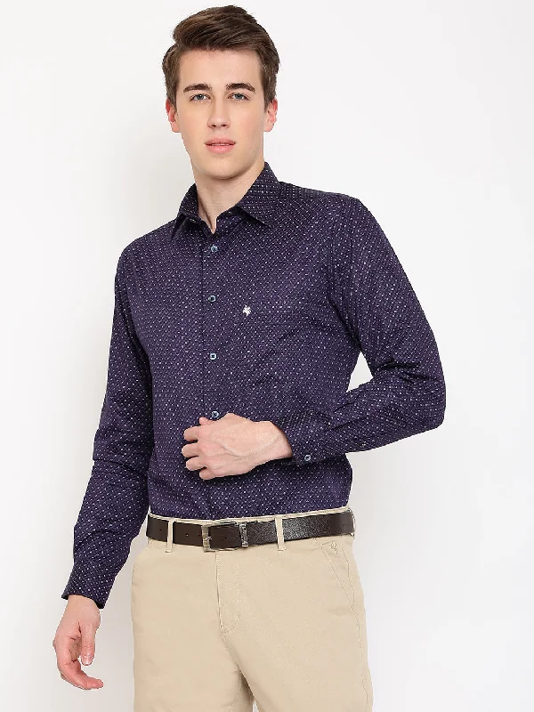 Relaxed Fit Men's Dark Purple Party Geometric Ditsy Print Full Sleeve Shirt