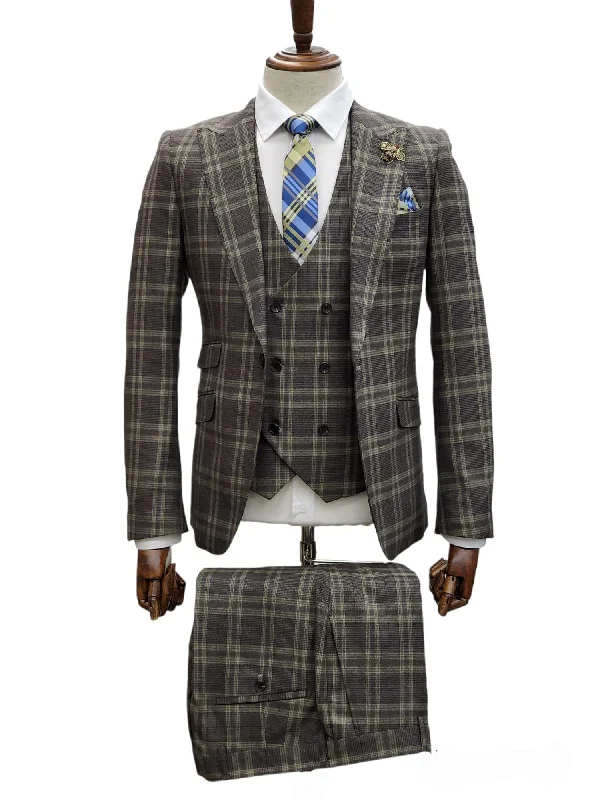 Casual Wear Giovanni Testi 1 Button 3Pc Peak lapel Slim Fit Suit GT1P+V-0216 PLAID OLIVE Casual Wear Giovanni Testi 1 Button 3Pc Peak lapel Slim Fit Suit GT1P+V-0216 PLAID OLIVE