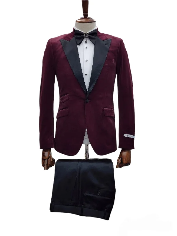 Giovanni Testi 1 Button Slim Fit Stretch Velvet Tuxedo GTX1P-1925 BURGUNDY