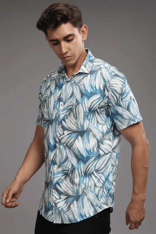 White & Blue Leaf Printed Shirt - Half - Wrinkle Free