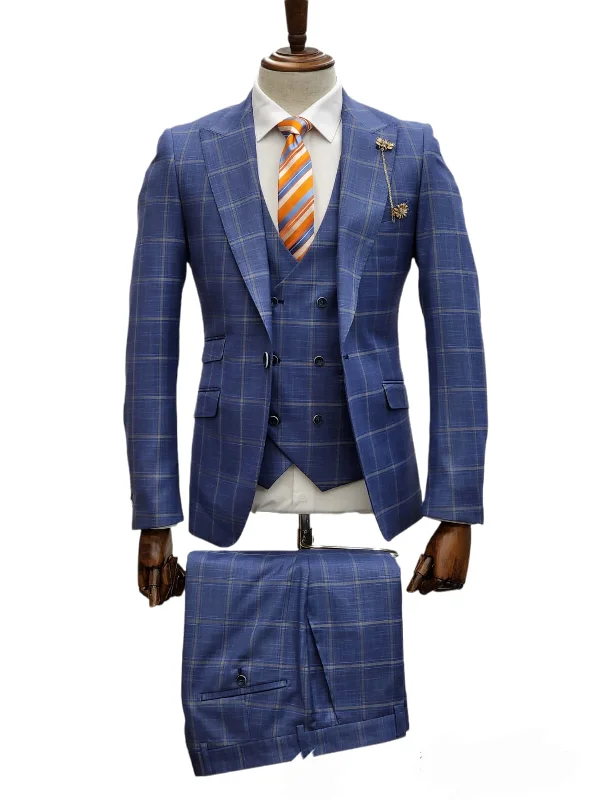 Giovanni Testi 1 Button 3Pc slim fit Suit GT1P+V-4702 BLUE/CREAM/PLAID