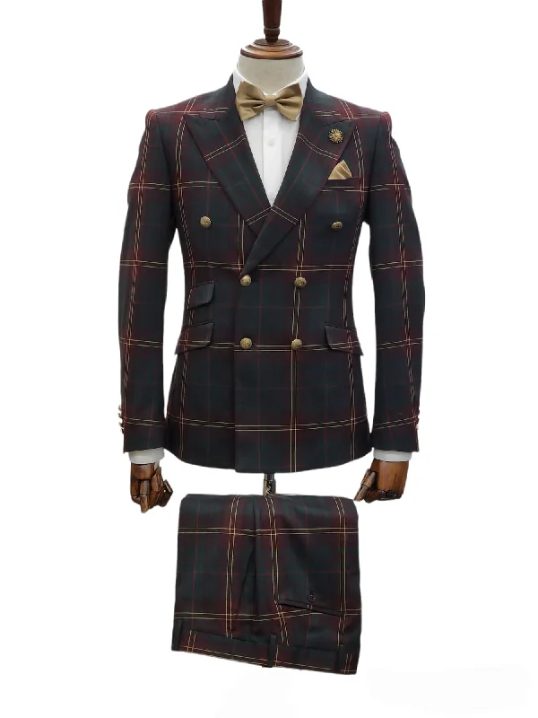 Urban Gear Giovanni Testi Slim Fit Double Breasted Suit GT6DB-5175 GRN/RED/PLAID