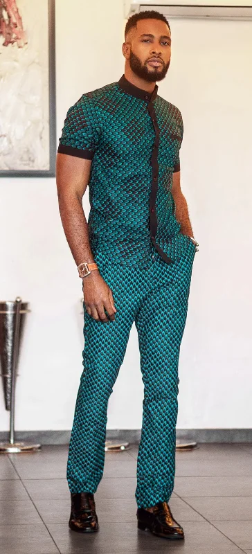 Timeless Apparel AFRICAN PRINT JAFARI  BUTTON UP MANDARIN COLLAR SHIRT SLEEVE SHIRT