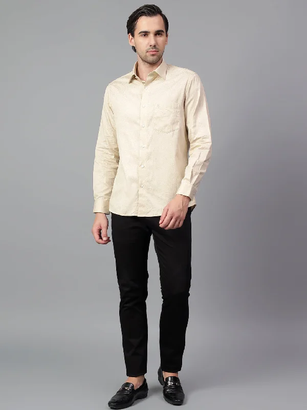 Casual Wear Men's Cream Printed Full Sleeve Partywear Shirt