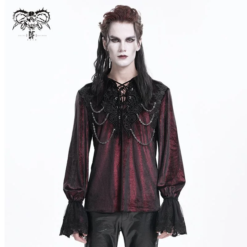 Fashion Comfort Men's  Gothic Lace-up Chain Lace Shirt Wine Red